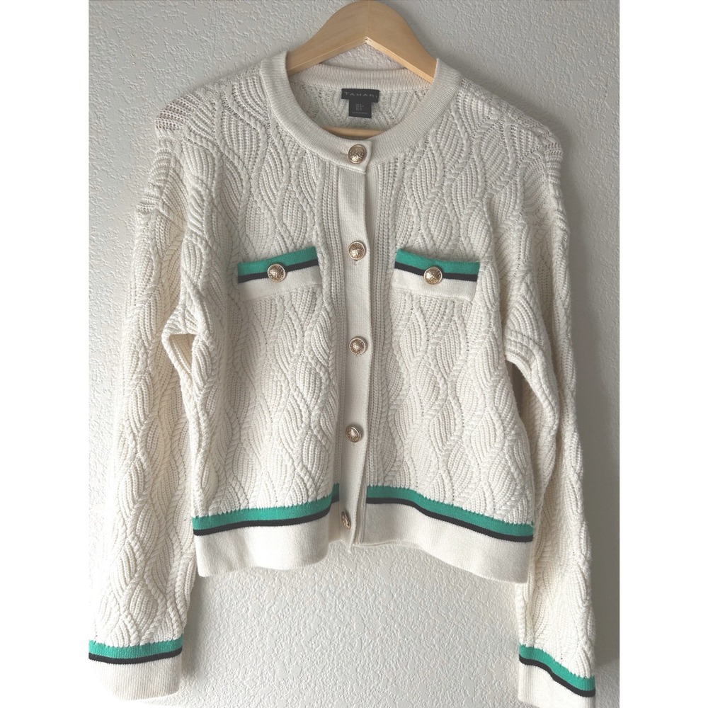 Tahari Womens Cable Knit Cardigan Sweater Cream Green Gold Button Small